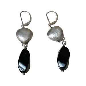 Onyx Earrings, Vintage Sterling Silver Onyx Hook Post Earrings